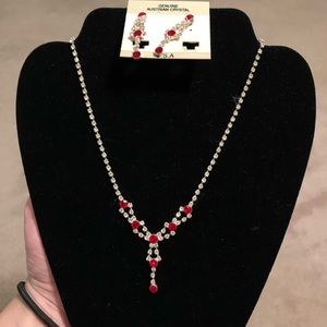 Red Crystal Necklace & Earring Set formal bling wedding 
  jewelry
